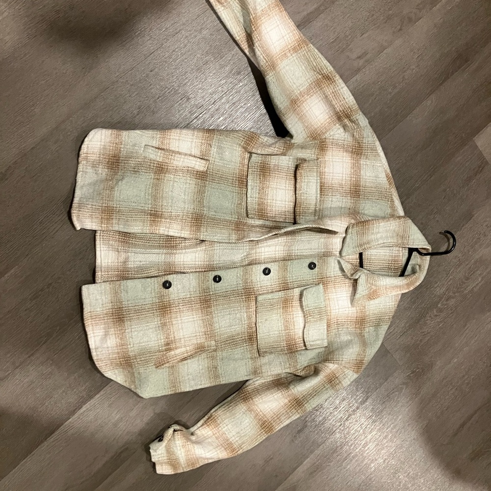 Plaid Women's shacket in Cream and Tan; shacket